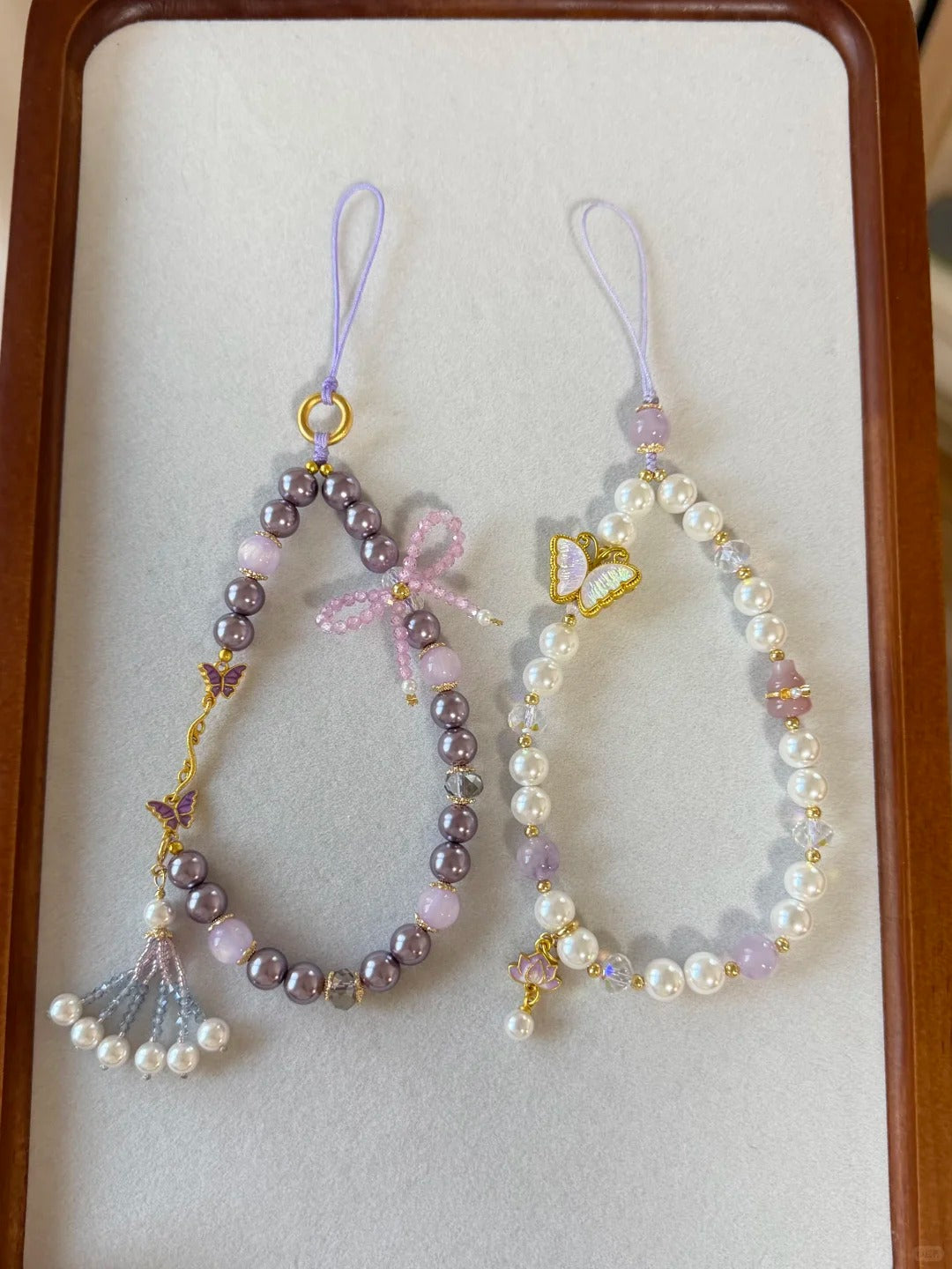 Chinoiserie Purple And White Beaded Phone Charm | Phone Holders/Stands/Charm | Three Fleas