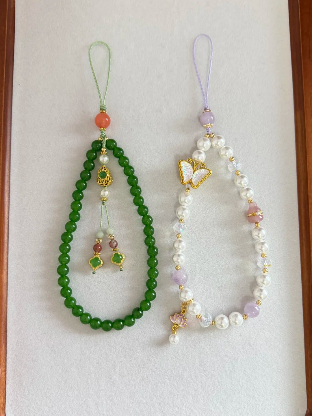 Chinoiserie Green And White Beaded Phone Charm | Phone Holders/Stands/Charm | Three Fleas