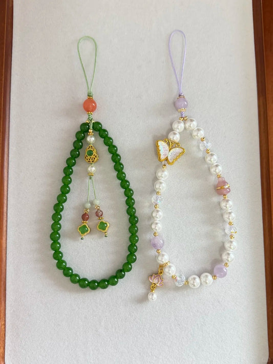 Chinoiserie Green And White Beaded Phone Charm | Phone Holders/Stands/Charm | Three Fleas