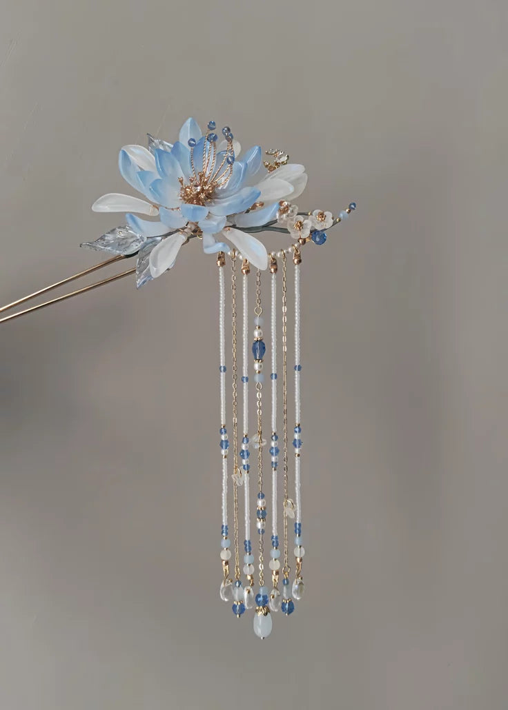 Chinoiserie Iced Lake Floral Beaded Tassel Hairpin | Hairpin | Three Fleas