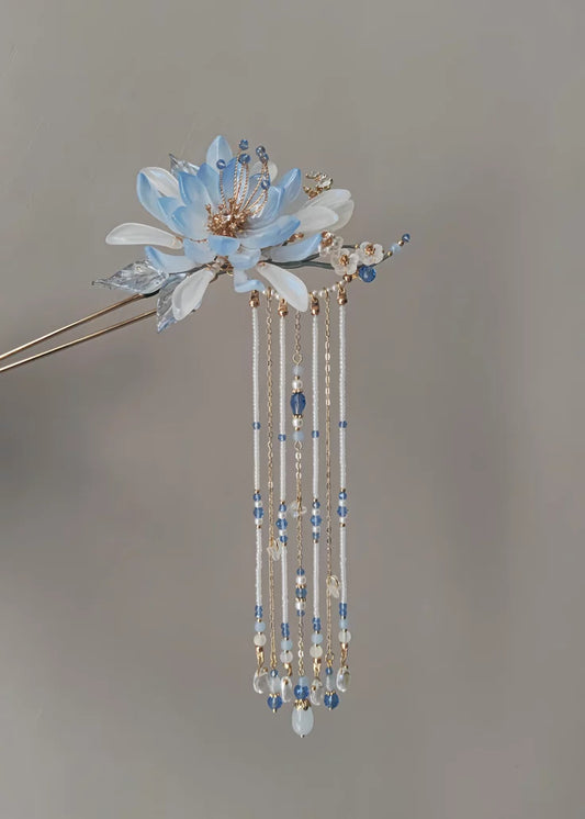 Chinoiserie Iced Lake Floral Beaded Tassel Hairpin | Hairpin | Three Fleas