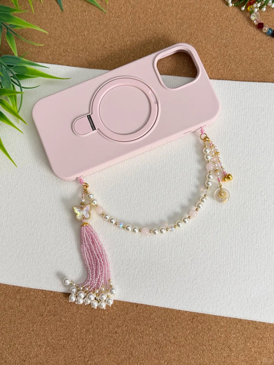 Pink Butterfly & Tassel Beaded Pendant With Phone Case